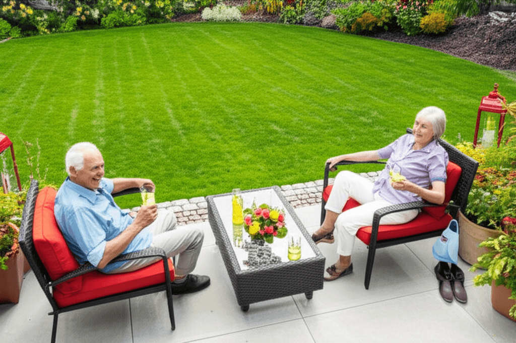 Happy senior couple enjoying their well-maintained backyard